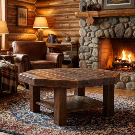 Comanche Peak reclaimed barnwood octagon coffee table staged by a stone fireplace in a log cabin living room