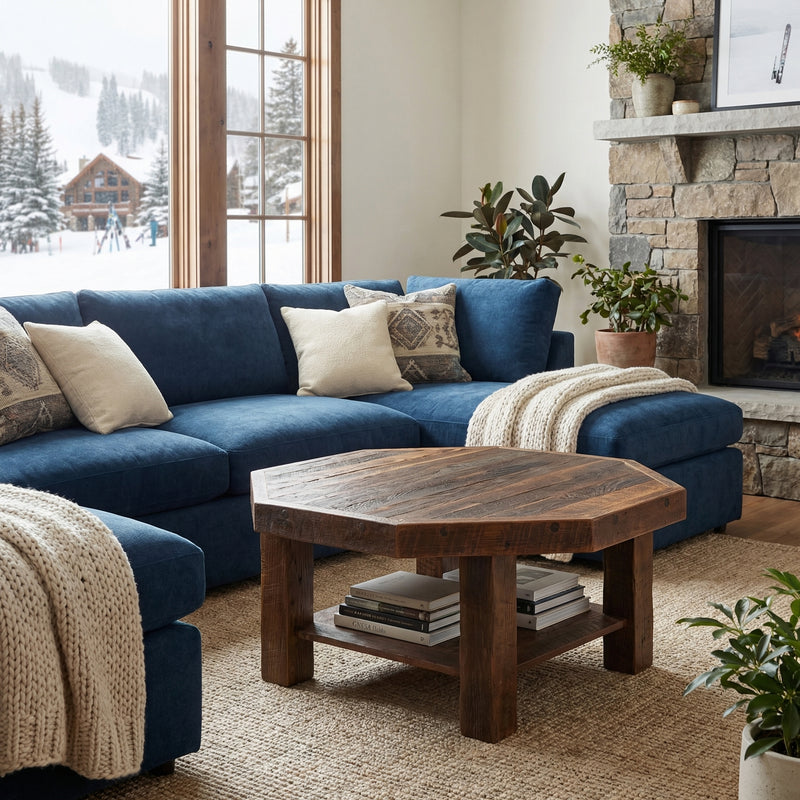 Comanche Peak Reclaimed Barnwood Octagon Coffee Table in front of a blue sectional and stone fireplace