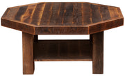 Side view of the Comanche Peak Reclaimed Barnwood Octagon Coffee Table showing thick square legs