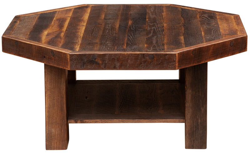 Side view of the Comanche Peak Reclaimed Barnwood Octagon Coffee Table showing thick square legs