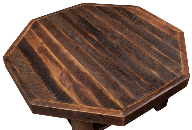 Close-up of the Comanche Peak Reclaimed Barnwood Octagon Coffee Table reclaimed oak top