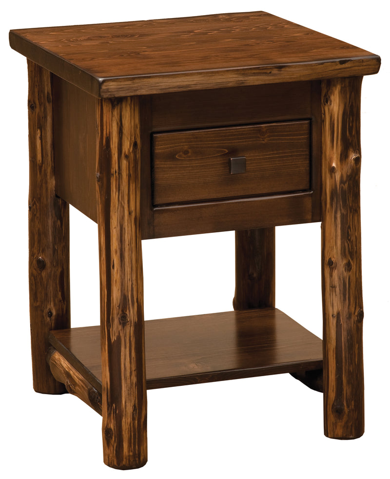 Angled view of the Cooper Peak Cedar Log Nightstand with Drawer and Shelf