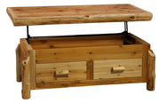 Angled view of the Copeland Mountain Cedar Log Lift Top Coffee Table with the top raised above two drawers