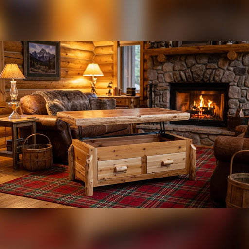 Copeland Mountain cedar log lift top coffee table staged with the top raised in a log cabin living room