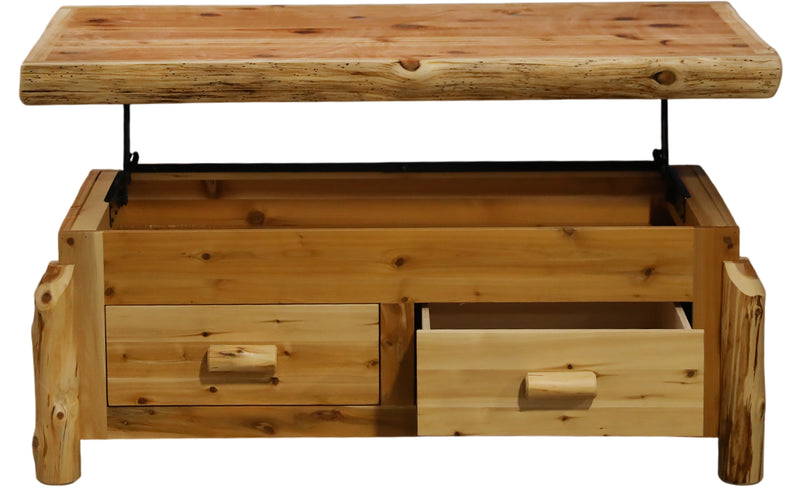 Front view of the Copeland Mountain Cedar Log Lift Top Coffee Table with a drawer pulled open