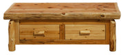 Front view of the Copeland Mountain Cedar Log Lift Top Coffee Table with the top lowered over the drawers