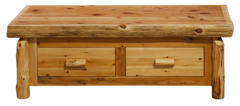 Front view of the Copeland Mountain Cedar Log Lift Top Coffee Table with the top lowered over the drawers
