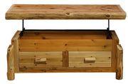 Front view of the Copeland Mountain Cedar Log Lift Top Coffee Table with the top raised