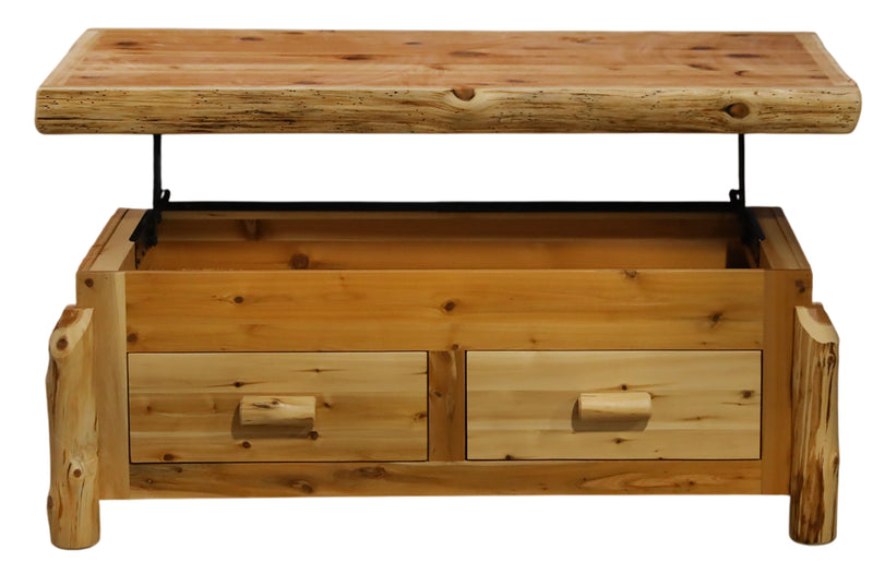 Front view of the Copeland Mountain Cedar Log Lift Top Coffee Table with the top raised