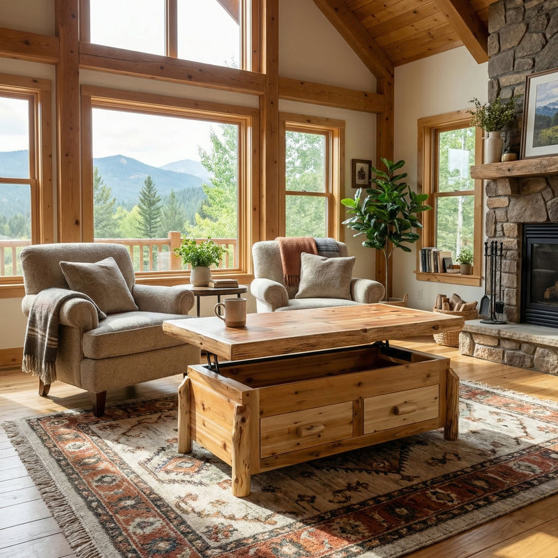 Copeland Mountain Cedar Log Lift Top Coffee Table in Natural with the top raised in a sunny living room