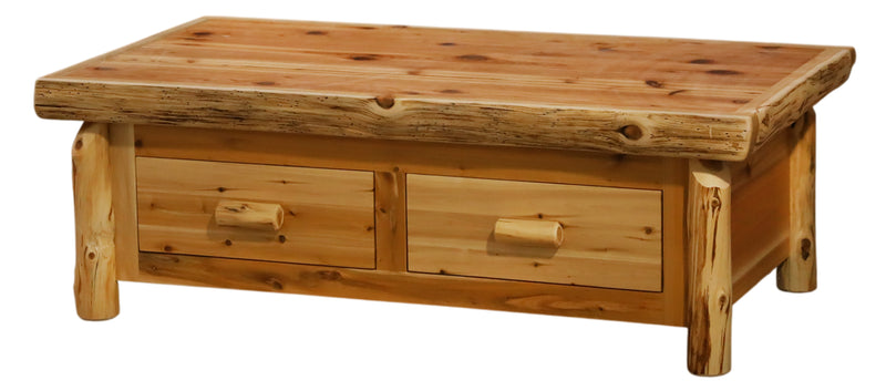 Angled view of the Copeland Mountain Cedar Log Lift Top Coffee Table with the top lowered