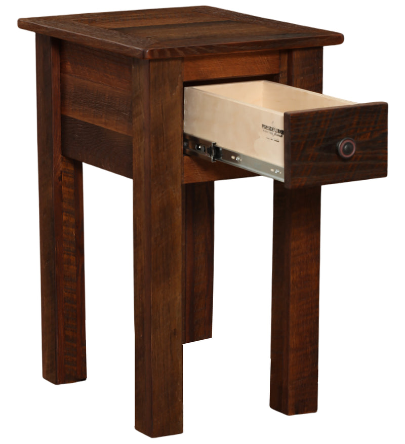 Corona Peak Reclaimed Barnwood One Drawer Nightstand with the drawer open