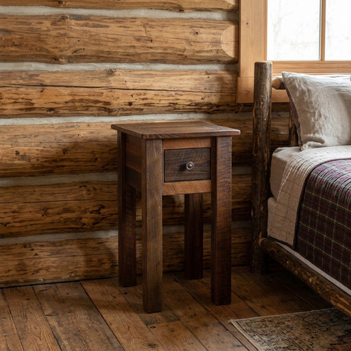 Corona Peak Reclaimed Barnwood One Drawer Nightstand staged in a sunlit log cabin bedroom