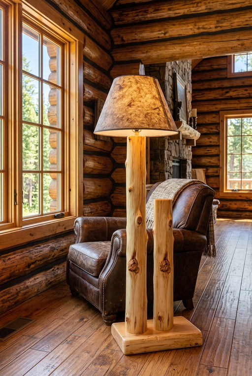 Cottonwood Peak Cedar Log Floor Lamp staged in a sunlit log cabin living room