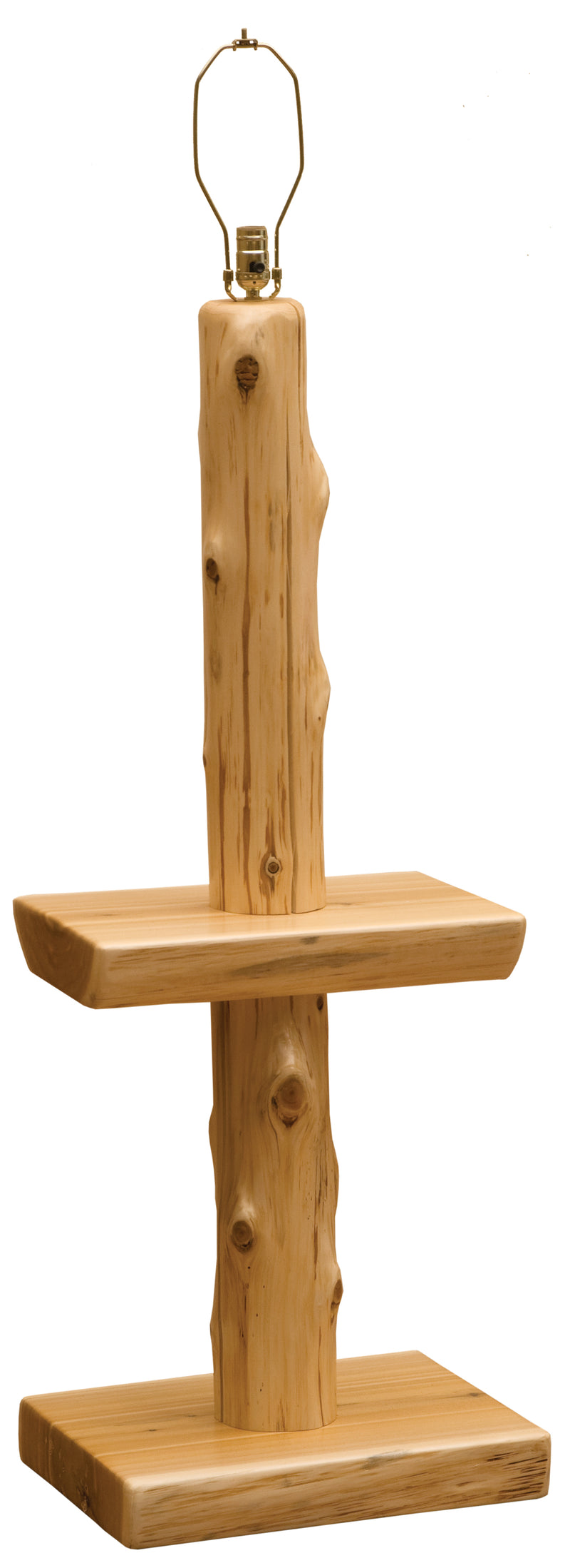 Angled view of the Cottonwood Peak Cedar Log Floor Lamp with side shelf