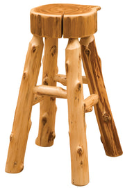 Angled view of the Courthouse Mountain Cedar Slab Stool