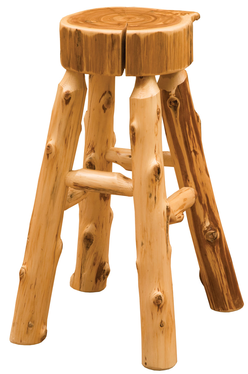 Angled view of the Courthouse Mountain Cedar Slab Stool