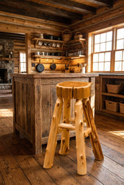 Courthouse Mountain Cedar Slab Stool staged in a sunlit log cabin kitchen