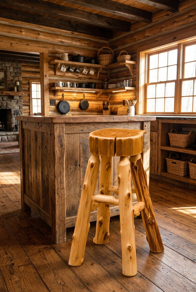 Courthouse Mountain Cedar Slab Stool staged in a sunlit log cabin kitchen