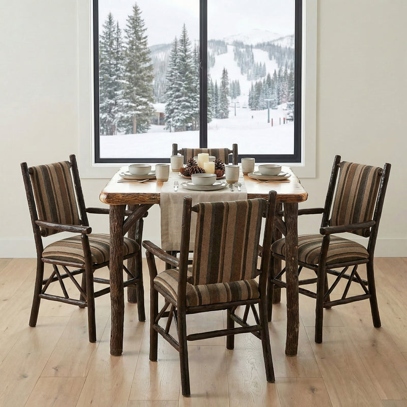 Coxcomb Peak Hickory Log Square Dining Table in Natural in a bright cabin room