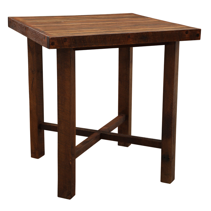 Angled view of the Cracktop Reclaimed Barnwood Square Pub Table showing the cross-braced legs
