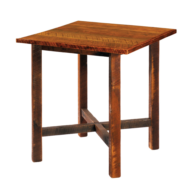 Second angled view of the Cracktop Reclaimed Barnwood Square Pub Table with an Artisan Top