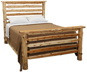 Angled view of the Crestone Peak Cedar Log Bed in natural cedar with horizontal log rail headboard and footboard