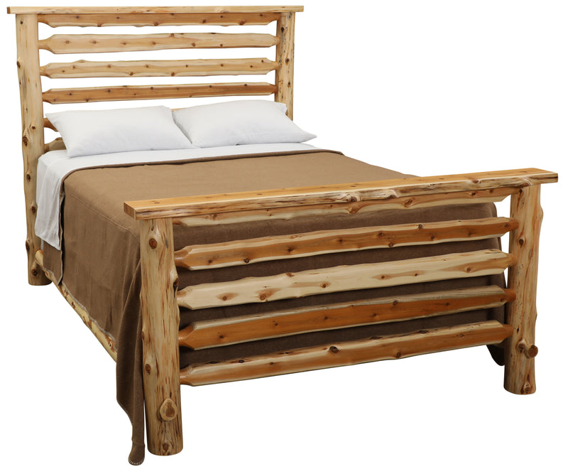 Angled view of the Crestone Peak Cedar Log Bed in natural cedar with horizontal log rail headboard and footboard