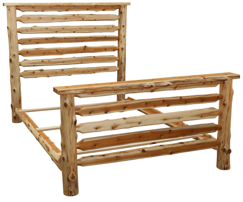 Angled frame view of the Crestone Peak Cedar Log Bed showing side rails and slat system