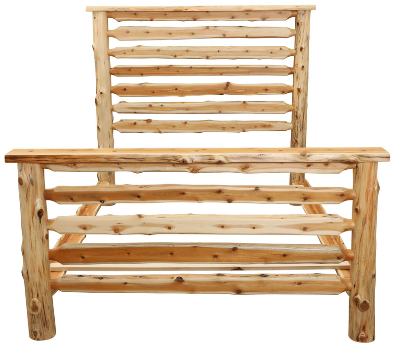 Front view of the Crestone Peak Cedar Log Bed frame without mattress in natural cedar