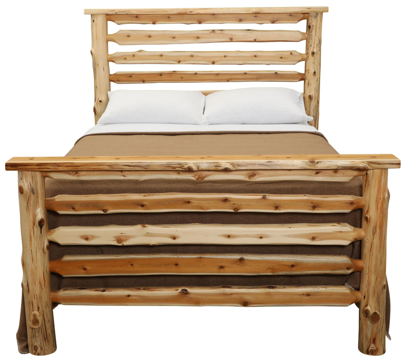 Front view of the Crestone Peak Cedar Log Bed showing the horizontal log rail footboard and headboard