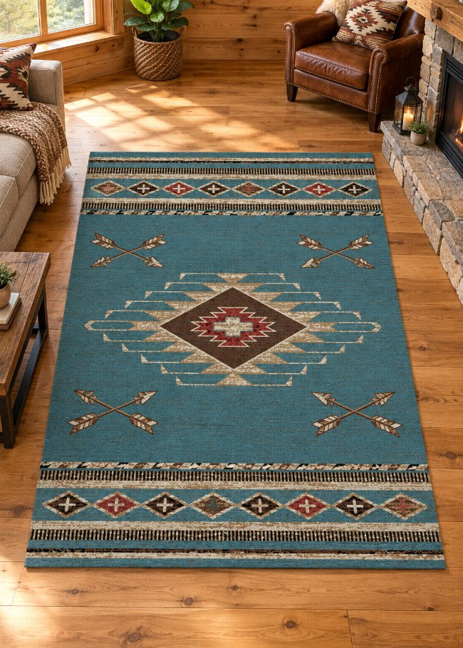 Cross Arrows Blue Rug Living Room | The Cabin Shack