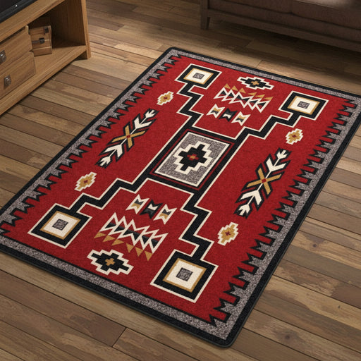 Southwest red area rug with geometric pattern