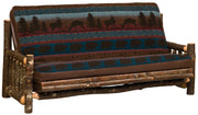 Angled view of the Crystal Peak Hickory Log Futon in the sofa position with an optional patterned cover
