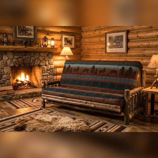 Crystal Peak Hickory Log Futon staged in a log cabin living room beside a stone fireplace
