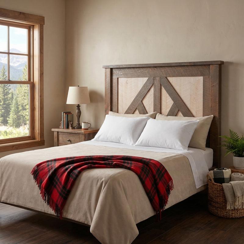 Cuerno Verde Pine Cottage Headboard behind a bed with a red throw in a cabin bedroom