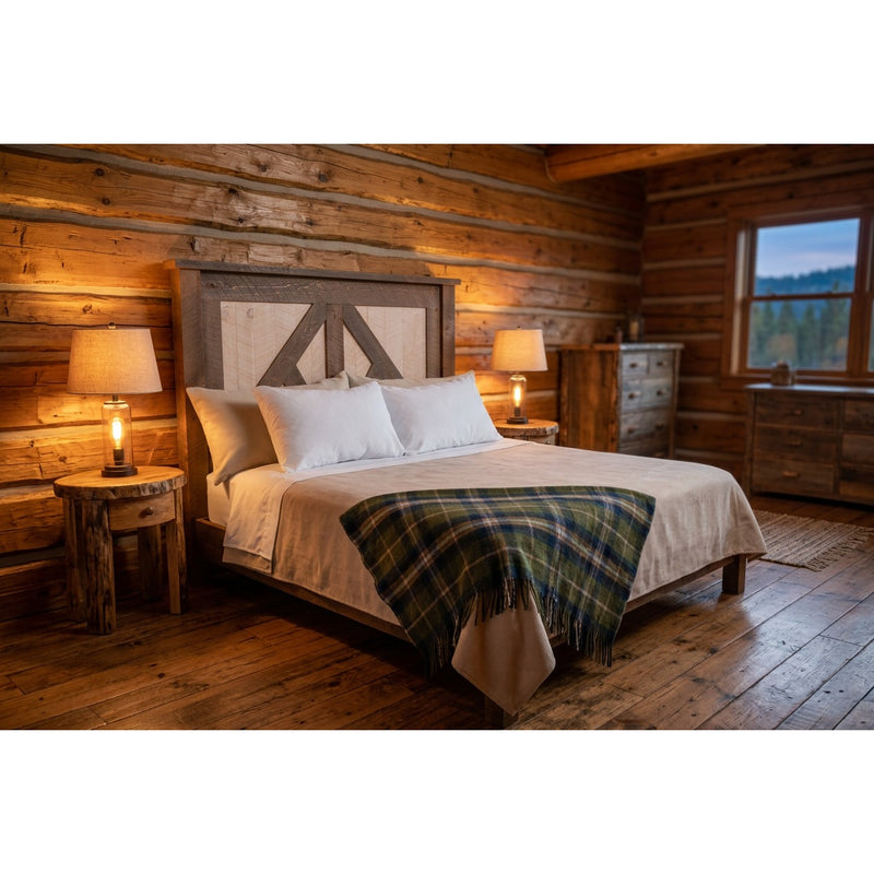 Cuerno Verde Pine Cottage Headboard staged against a log wall in a rustic cabin bedroom