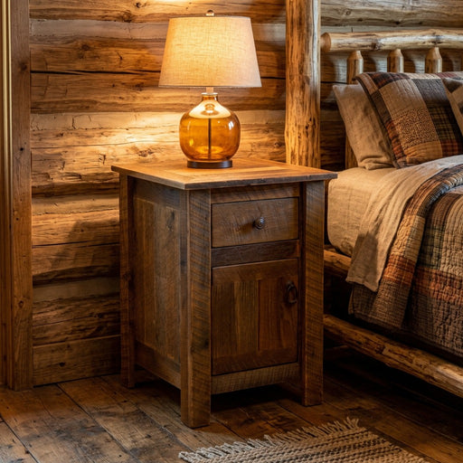 Culebra Peak Reclaimed Barnwood Enclosed Nightstand staged with a glass lamp beside a log bed in a cabin bedroom