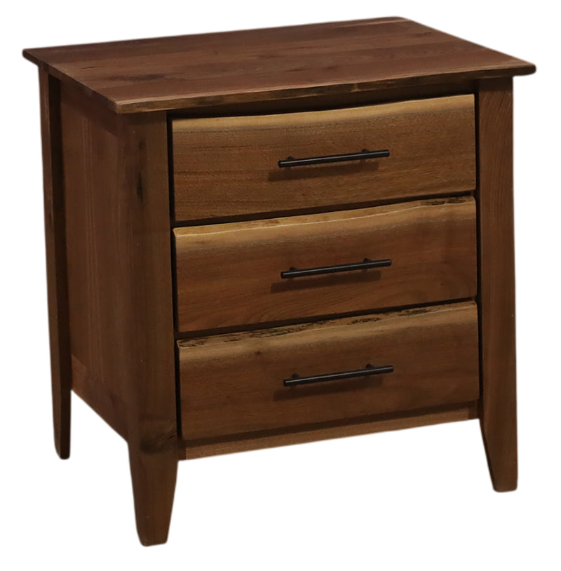Angled view of the Cumberland Peak Live Edge Walnut Three Drawer Nightstand