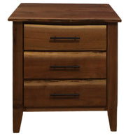 Front view of the Cumberland Peak Live Edge Walnut Three Drawer Nightstand
