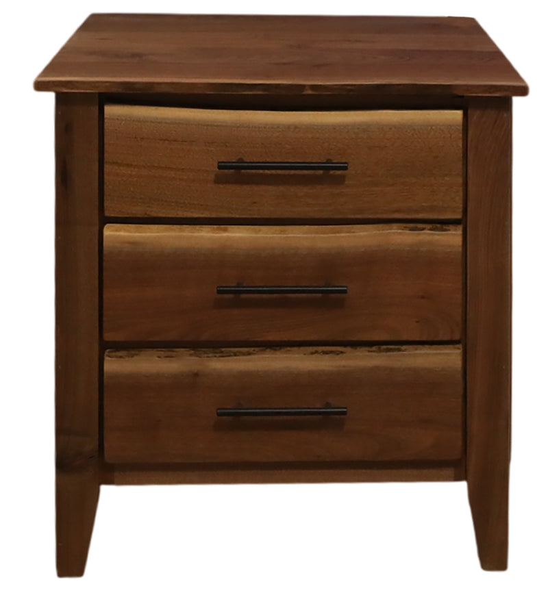 Front view of the Cumberland Peak Live Edge Walnut Three Drawer Nightstand