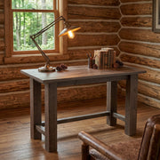 Cupid Peak Pine Writing Desk staged in a rustic log cabin home office