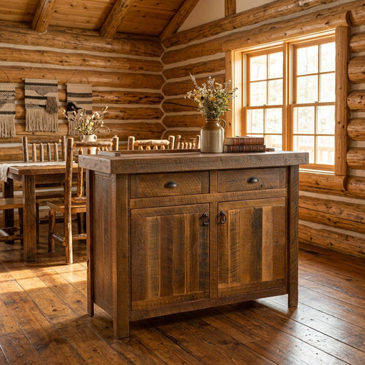 Dallas Peak Reclaimed Barnwood Buffet staged in a sunlit log cabin dining room
