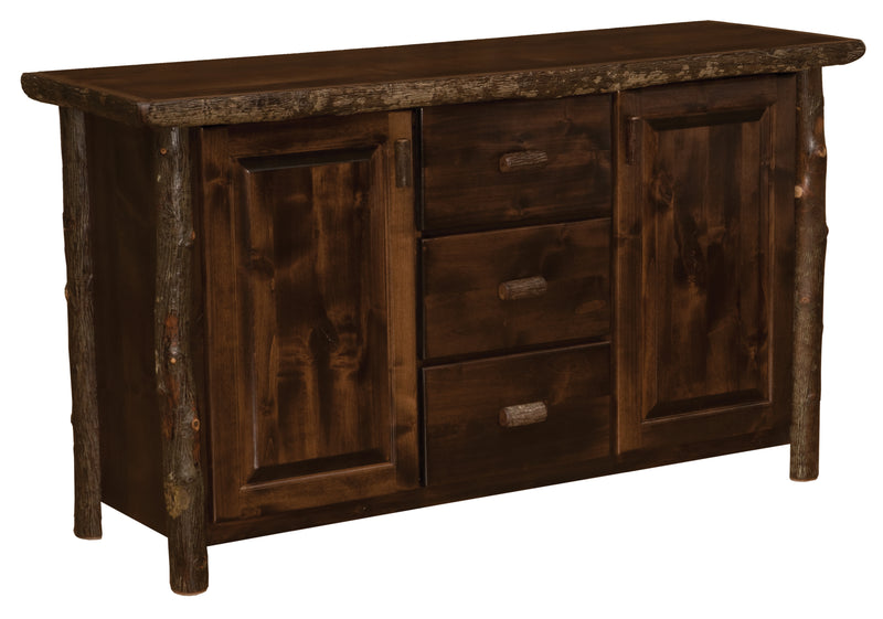 Angled view of the Devils Head Hickory Log Sideboard in Espresso