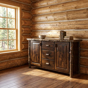 Devils Head Hickory Log Sideboard staged in a sunlit log cabin dining room