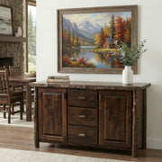 Devils Head Hickory Log Sideboard in Espresso in a bright cabin dining room
