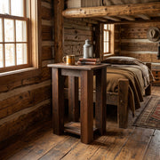 Diamond Peaks Reclaimed Barnwood Open Nightstand staged in a sunlit log cabin bedroom