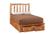 Angled view of the Drift Peak Cedar Log Footboard Dresser at the foot of a cedar log platform bed