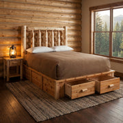 Drift Peak Cedar Log Footboard Dresser in Natural at the foot of a cedar log platform bed in a log-walled bedroom
