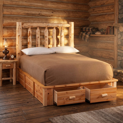 Drift Peak Cedar Log Footboard Dresser staged at the foot of a cedar log platform bed in a log cabin bedroom